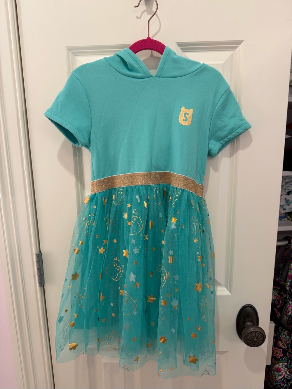 Squishmallows Teal Hooded Tulle Dress with Gold Accents